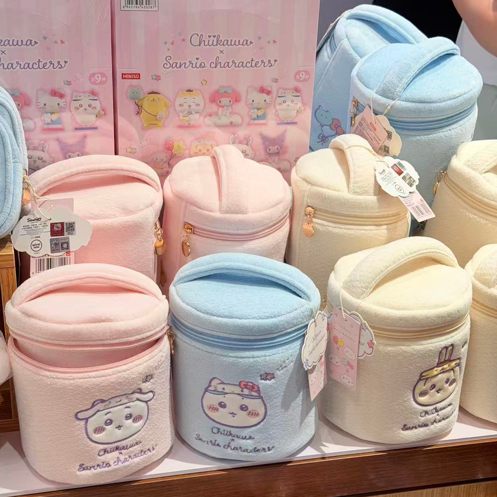 Chiikawa x Sanrio Characters | Round Plush Cosmetic Bag